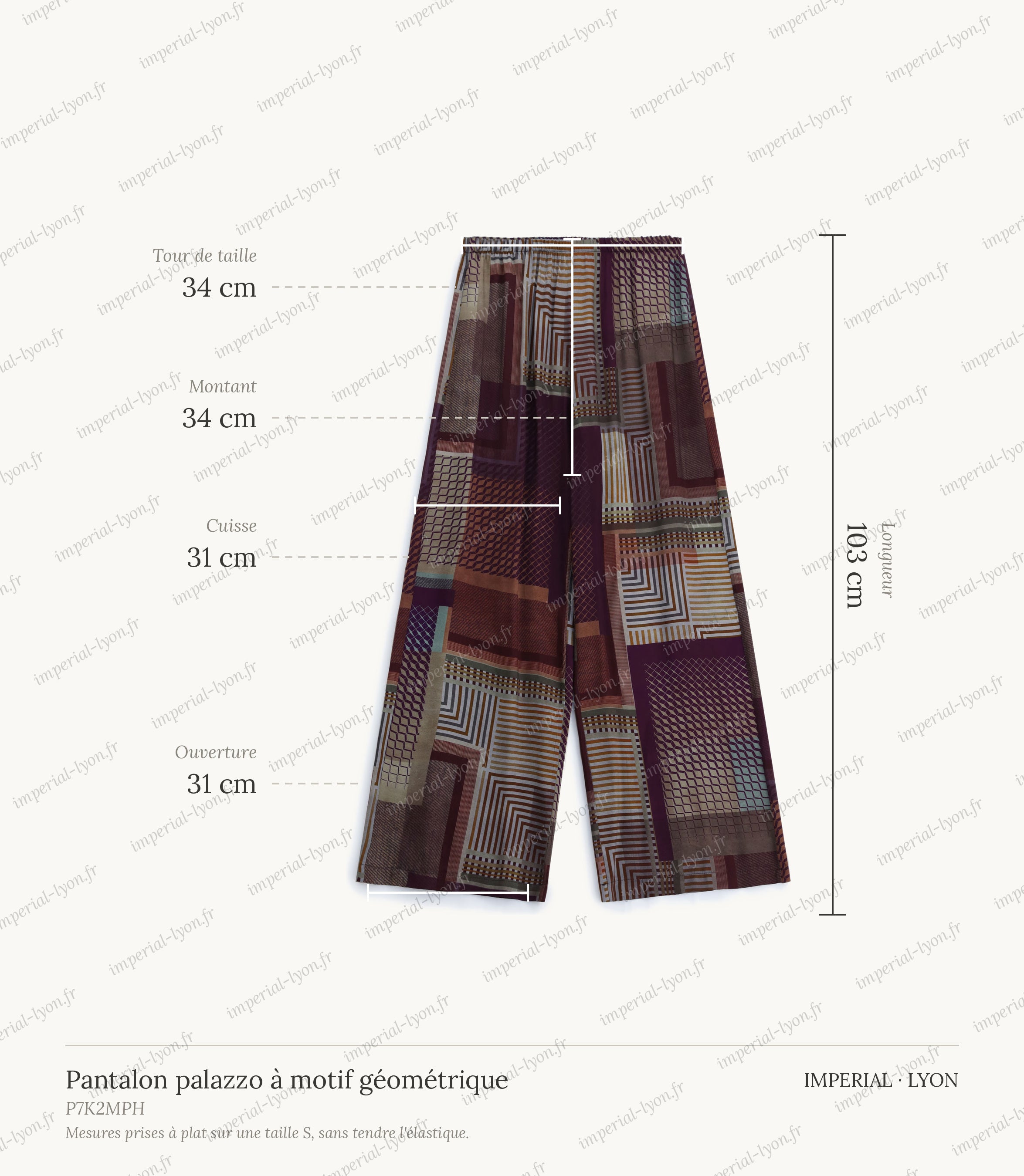 Cartographie des mesures du pantalon palazzo, relevées à plat sur la taille S : tour de taille 34 cm, montant 34 cm, cuisse 31 cm, ouverture 31 cm, longueur 103 cm