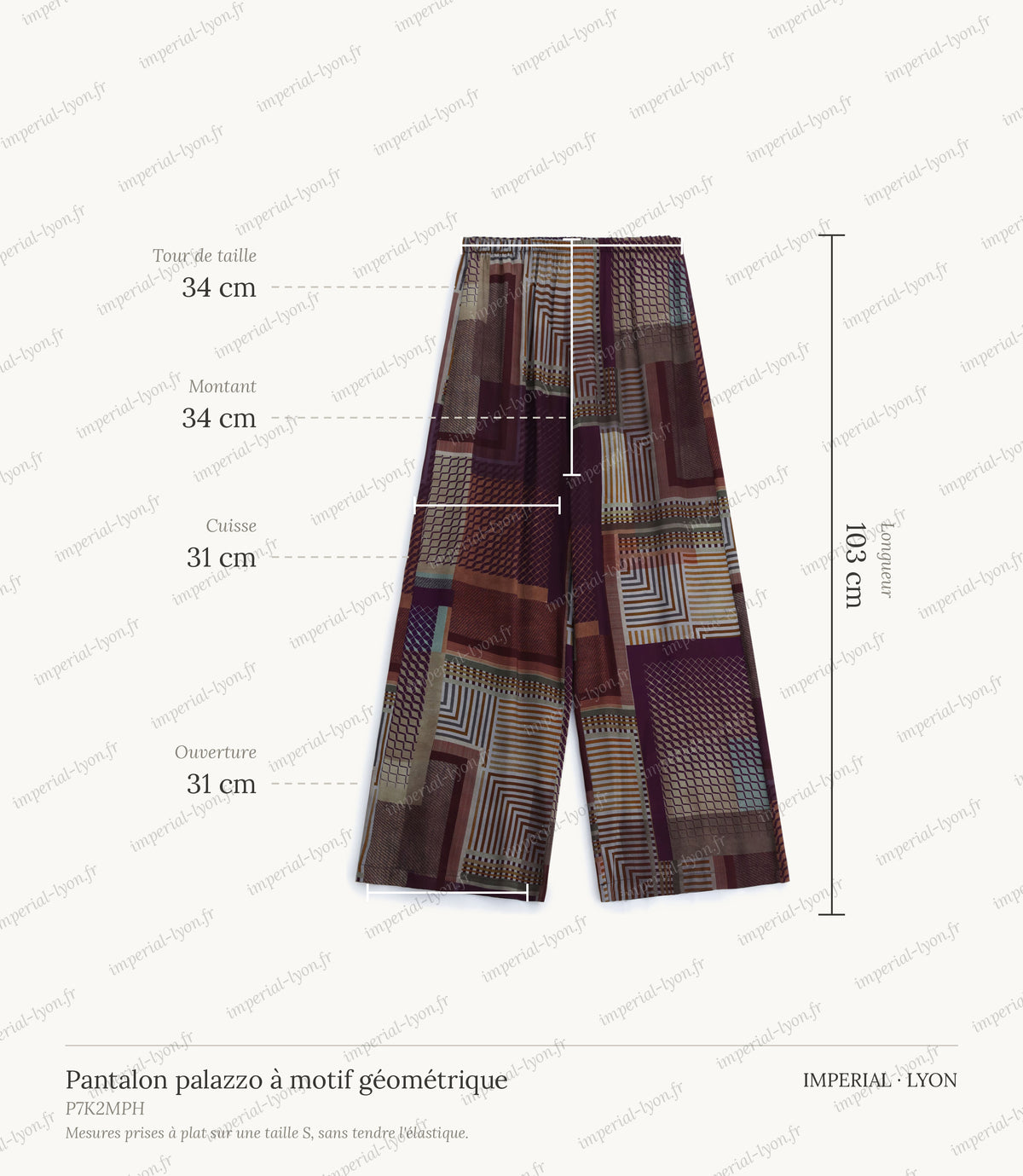 Cartographie des mesures du pantalon palazzo, relevées à plat sur la taille S : tour de taille 34 cm, montant 34 cm, cuisse 31 cm, ouverture 31 cm, longueur 103 cm