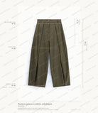 Cartographie des mesures du pantalon palazzo rayé kaki Imperial : longueur 99 cm, taille 38 cm, montant 35 cm, cuisse 37 cm, ouverture de bas 25 à 32 cm