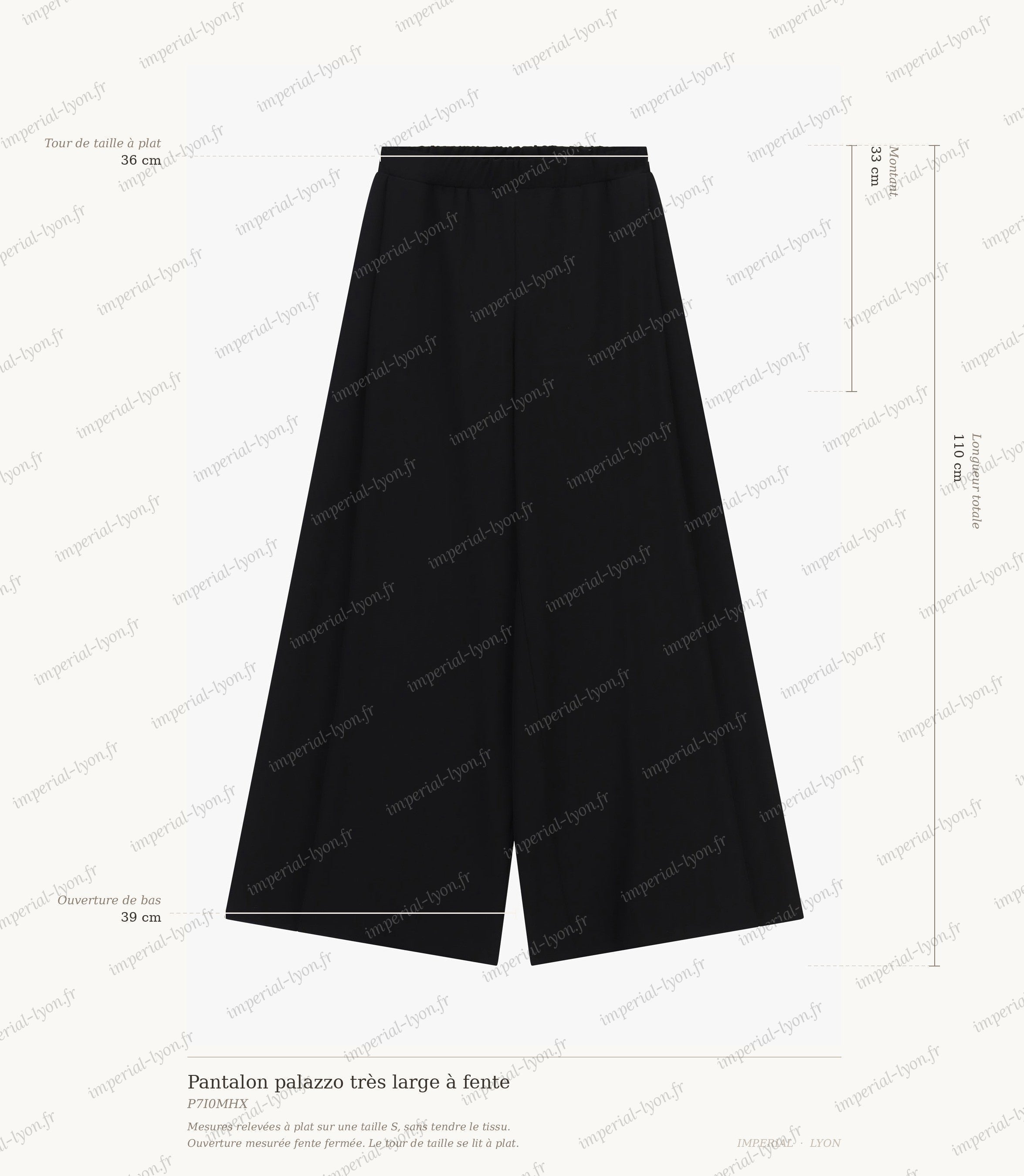 Cartographie des mesures du pantalon palazzo Imperial : taille 36 cm, montant 33 cm, ouverture de bas 39 cm, longueur totale 110 cm