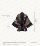 Cartographie des mesures de la veste kimono, relevées à plat sur la taille unique : manche du col au poignet 70 cm, largeur de manche 33 cm, longueur de dos 77 cm