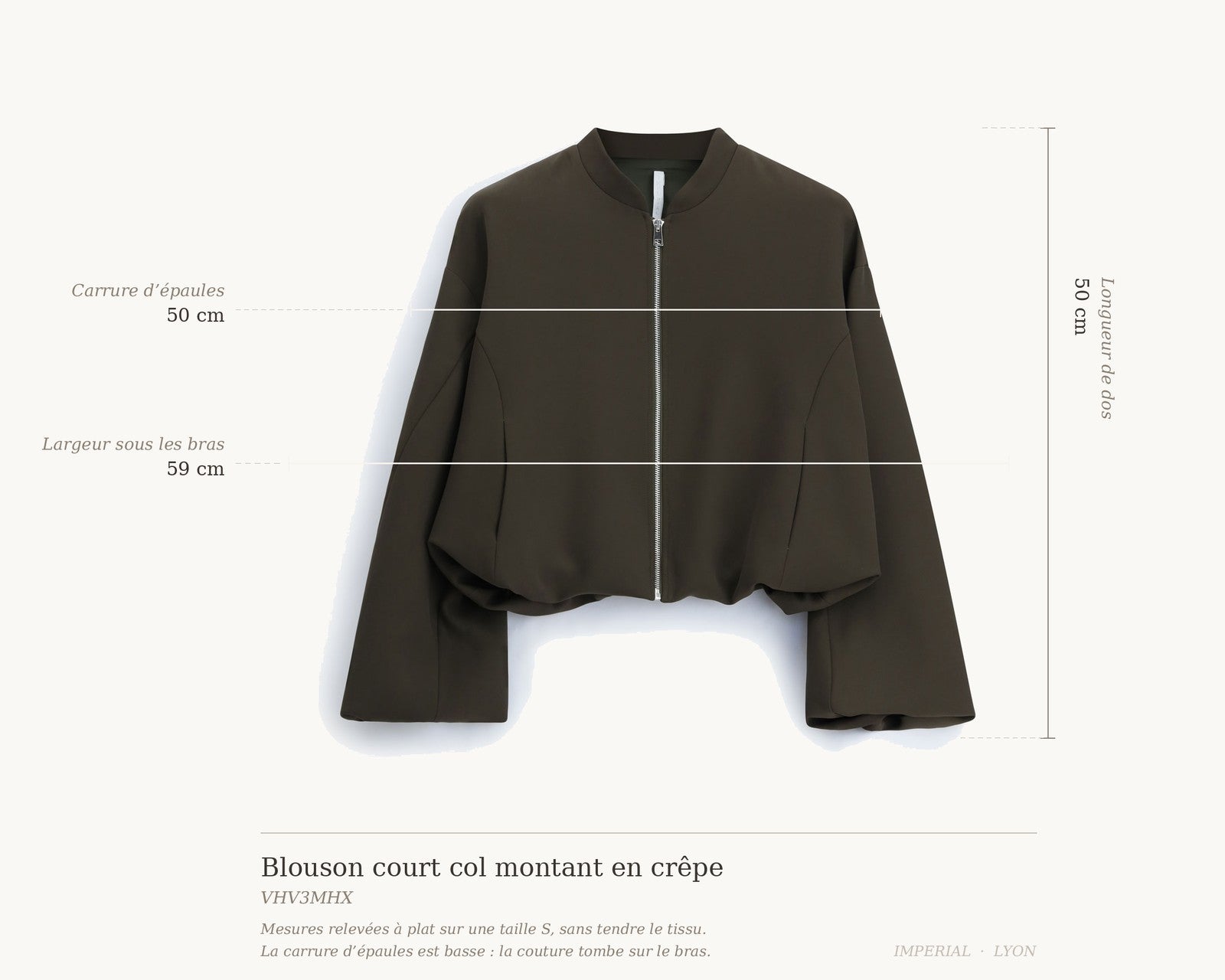 Cartographie des mesures — Blouson court col montant en crêpe kaki all-groups