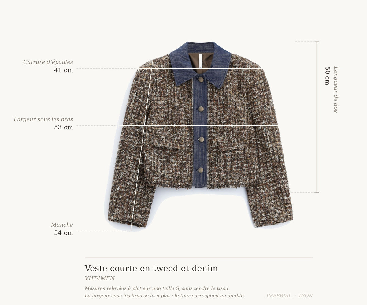 Cartographie des mesures — Veste courte en tweed et denim chocolat