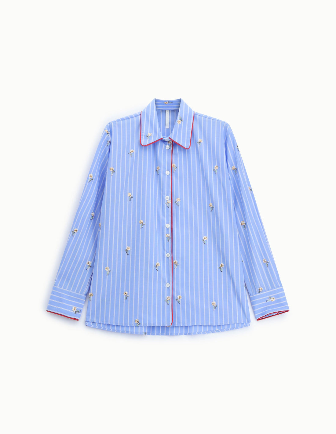 Chemise rayée bleu ciel brodée à passepoil rouge – Imperial Femme, à plat