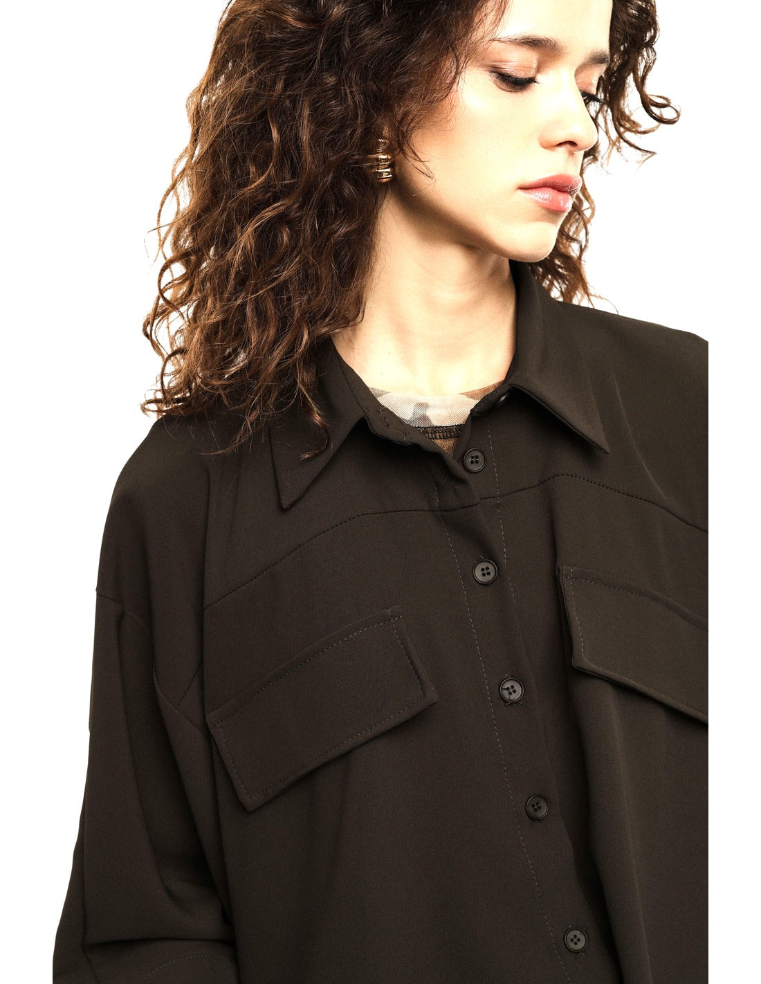 Veste trapèze manches raglan en crêpe infroissable porté, profil – Kaki foncé – Imperial Femme