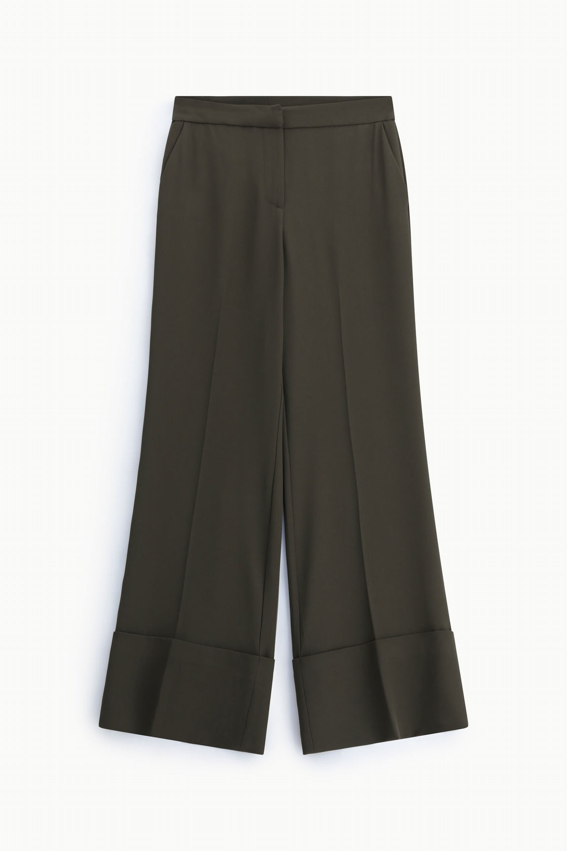 Pantalon palazzo taille haute revers large, coloris Kaki foncé