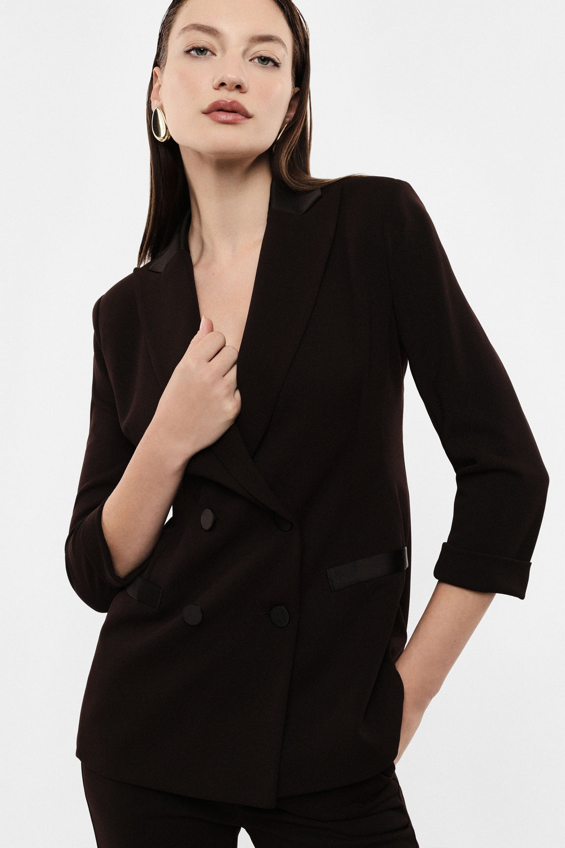 Blazer de smoking manches 3/4 col satin, coloris Marron