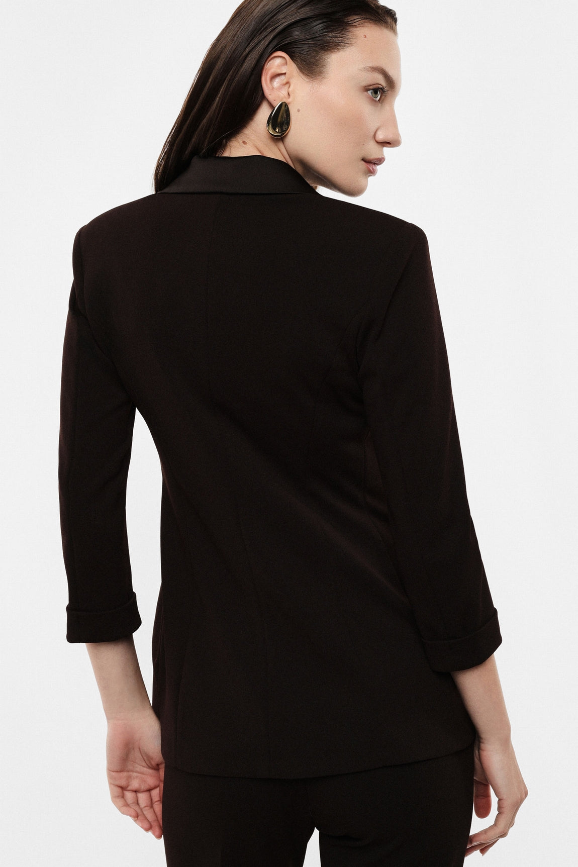 Blazer de smoking manches 3/4 col satin, coloris Marron