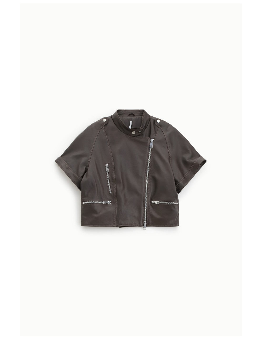 Blouson cuir oversize à manches courtes col officier, coloris Marron
