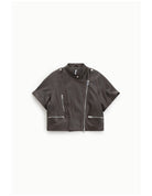 Blouson cuir oversize à manches courtes col officier, coloris Marron