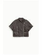Blouson cuir oversize à manches courtes col officier, coloris Marron