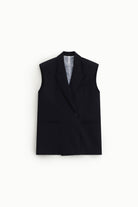 Gilet long sans manches col à revers effet cape bleu marine – Imperial Femme