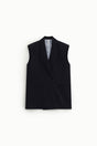 Gilet long sans manches col à revers effet cape bleu marine – Imperial Femme