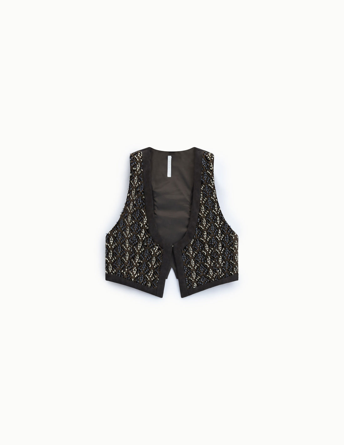Gilet court sans manches à broderies dorées marron – Imperial Femme, à plat