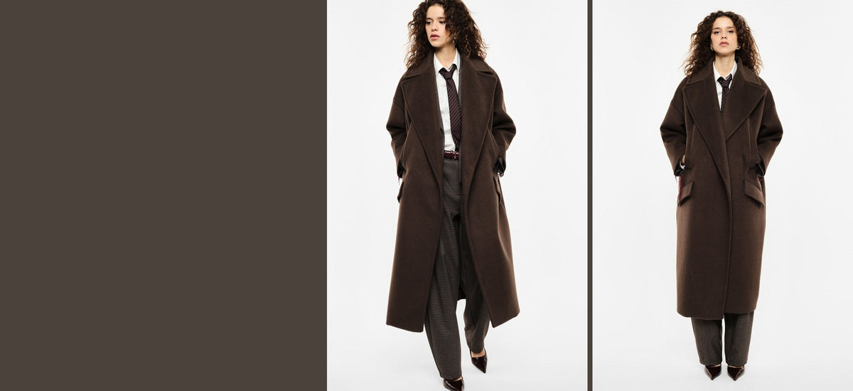 Manteau long oversize Imperial porté, face et ouvert