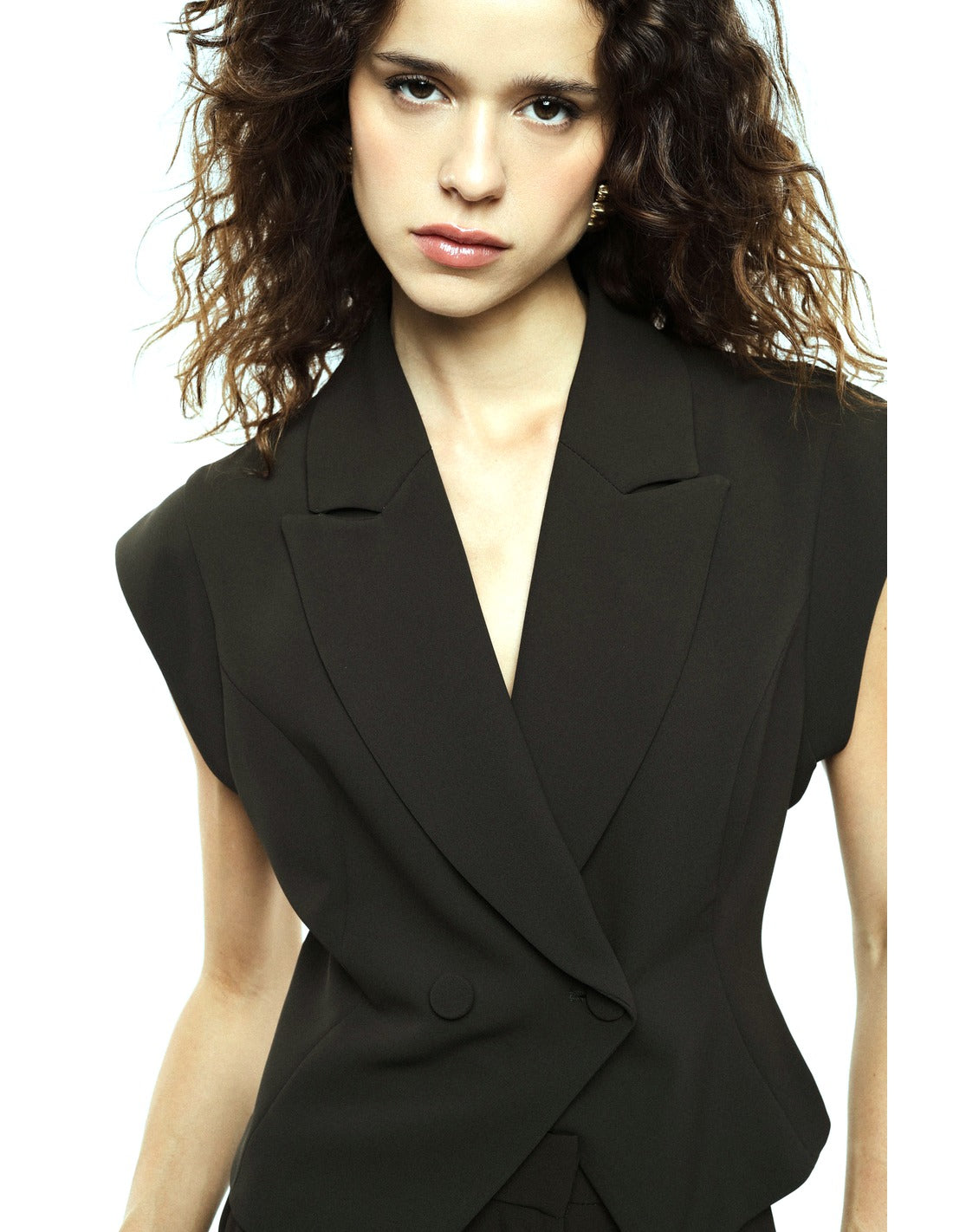 Veste sans manches col revers croisée porté, profil – Kaki foncé – Imperial Femme