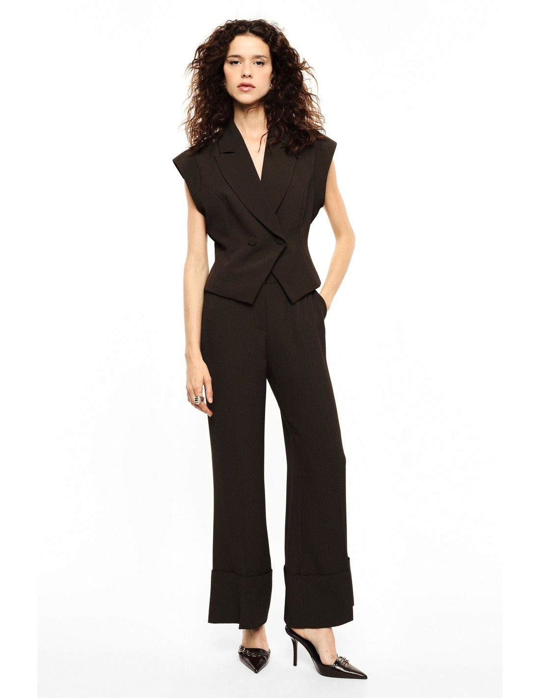Pantalon palazzo taille haute revers large porté, face – Kaki foncé – Imperial Femme