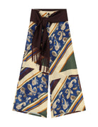 Pantalon large imprimé foulard à plat – beige et bleu marine – Imperial Femme