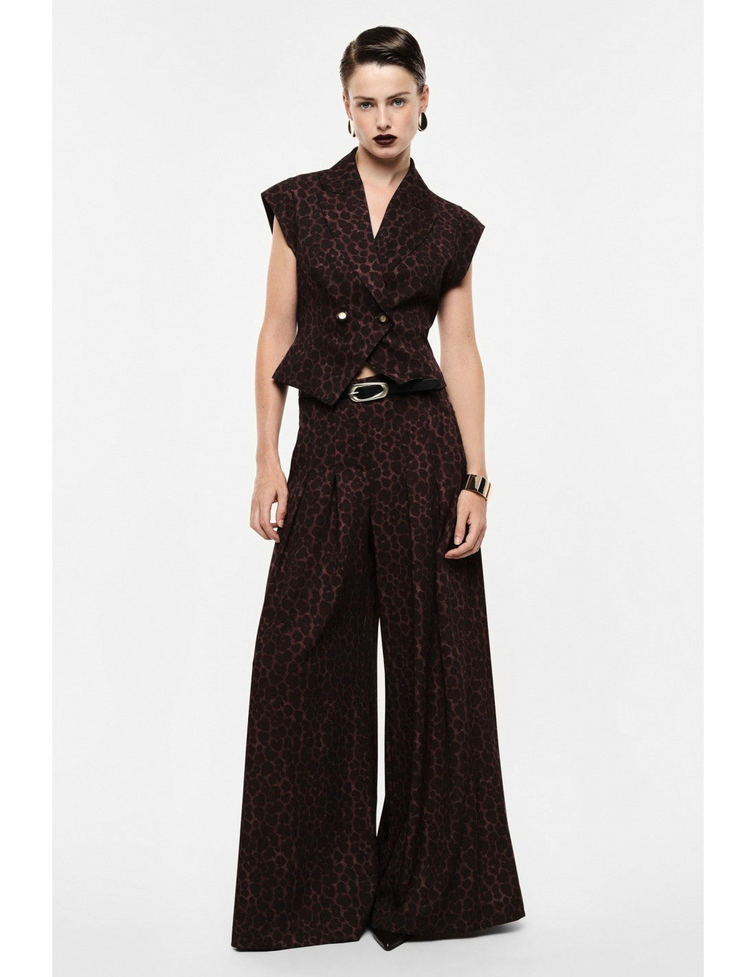 Pantalon palazzo imprimé panthère taille haute ceinturé – Imperial Femme