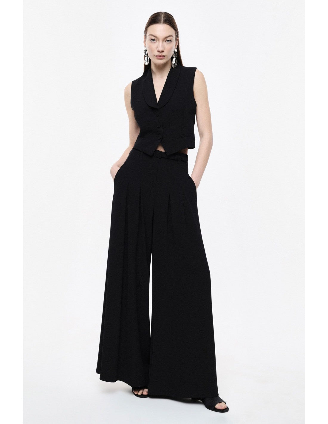 Pantalon palazzo taille haute ceinturé en crêpe – Imperial Femme