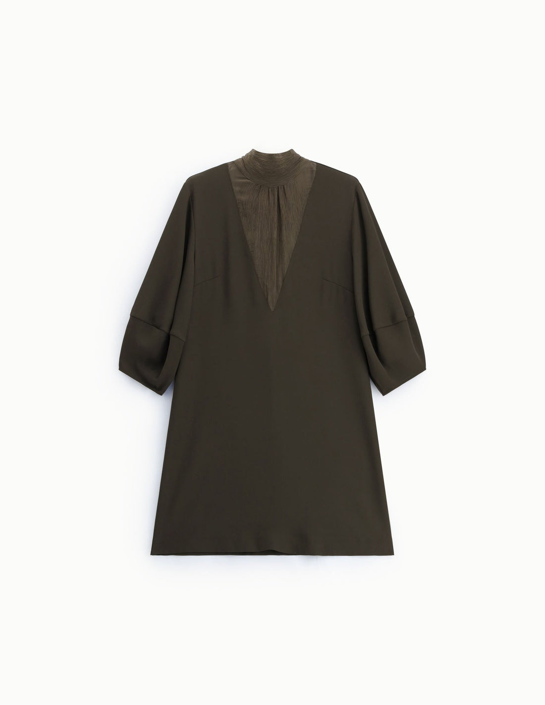 Robe courte col montant décolleté V en crêpe fluide kaki foncé – Imperial Femme, à plat