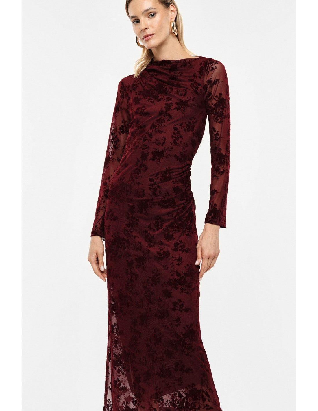 Robe longue drapée en résille velours dévoré – Imperial Femme