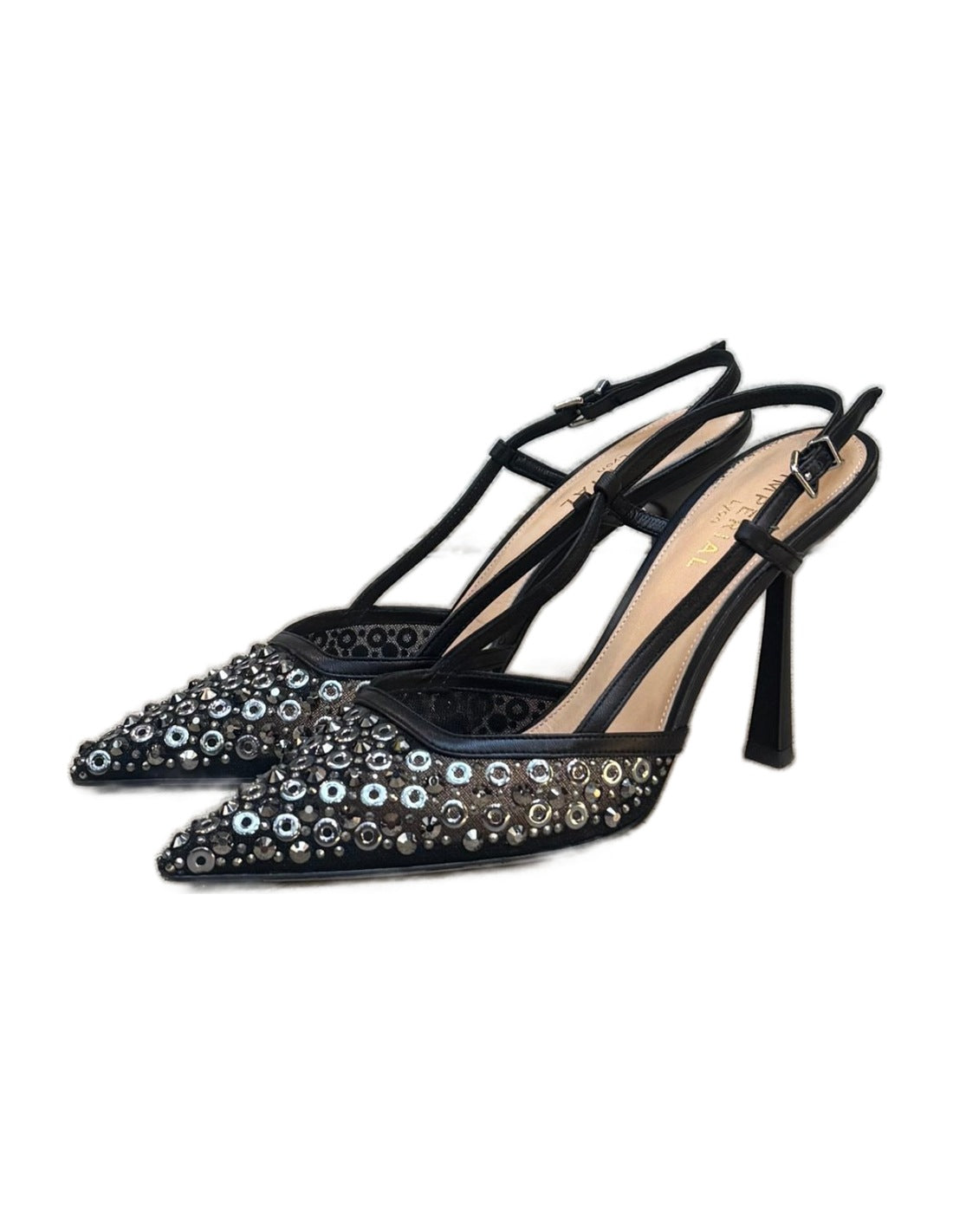 Paire de slingbacks en résille à strass et rivets Imperial
