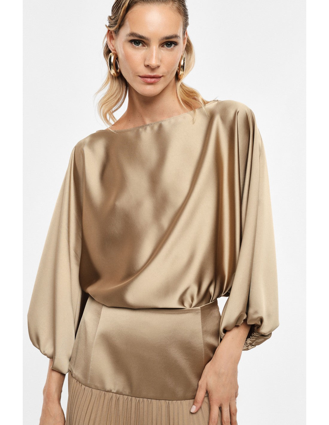 Top col bateau manches ballon crêpe satin – Imperial Femme