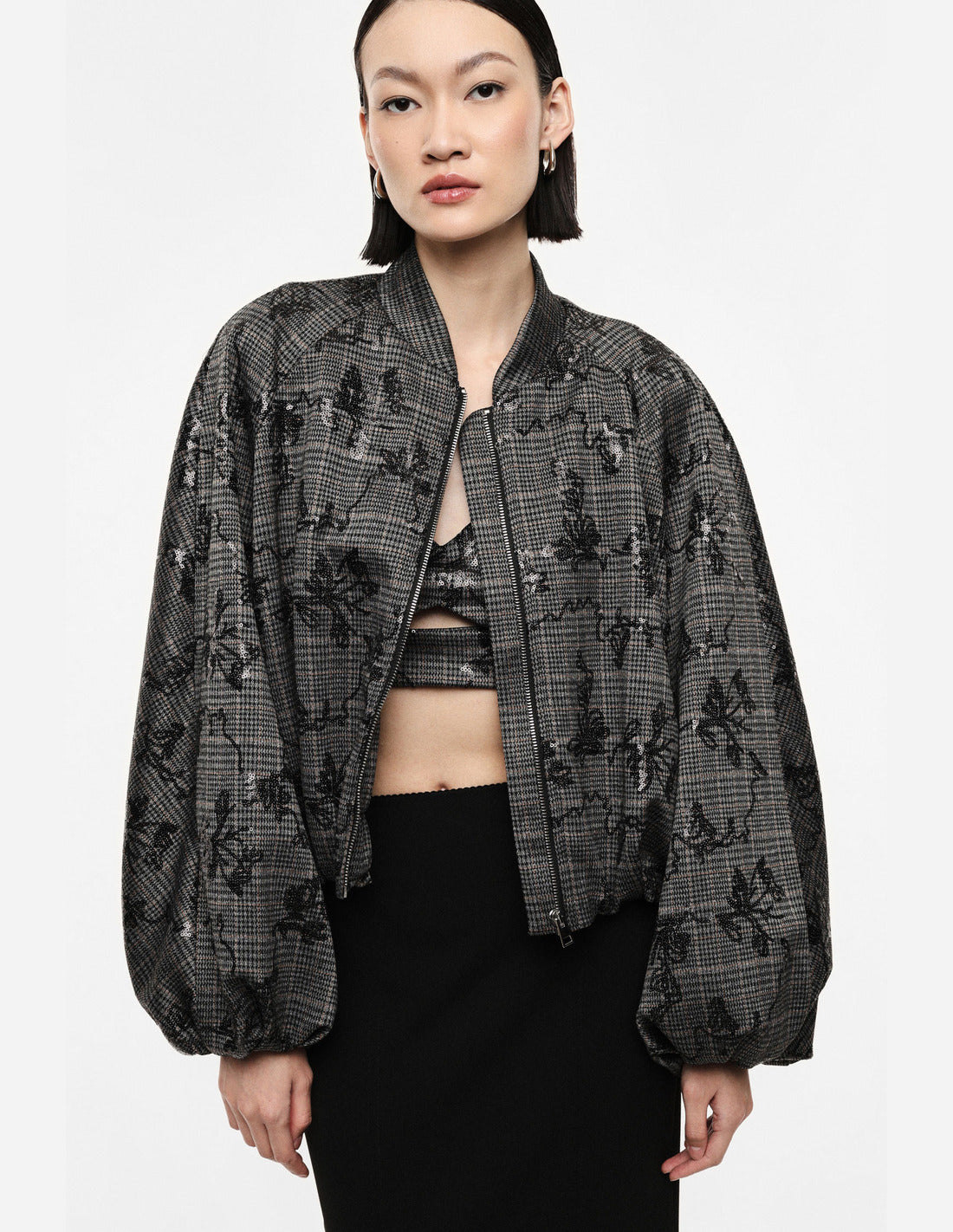 Bomber manches ballon prince-de-galles porté – gris et noir – Imperial Femme