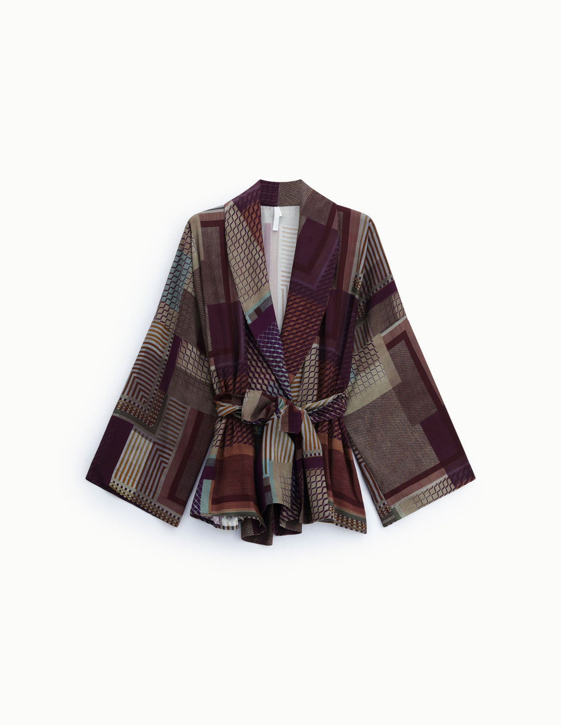 Veste kimono ceinturée en viscose imprimée à plat – prune et écru – Imperial Femme