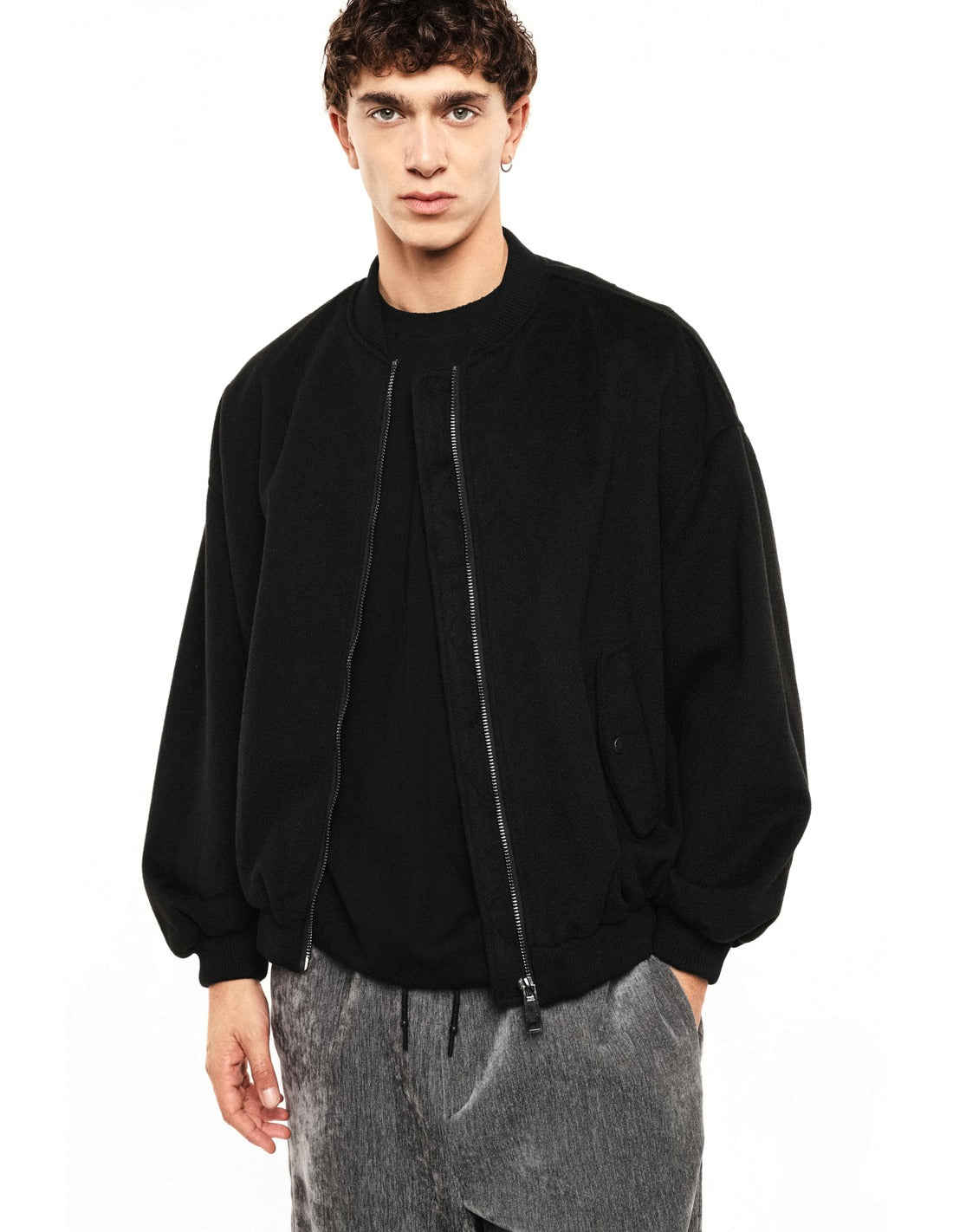 Blouson zippé à bords côtes porté, face – Noir – Imperial Homme