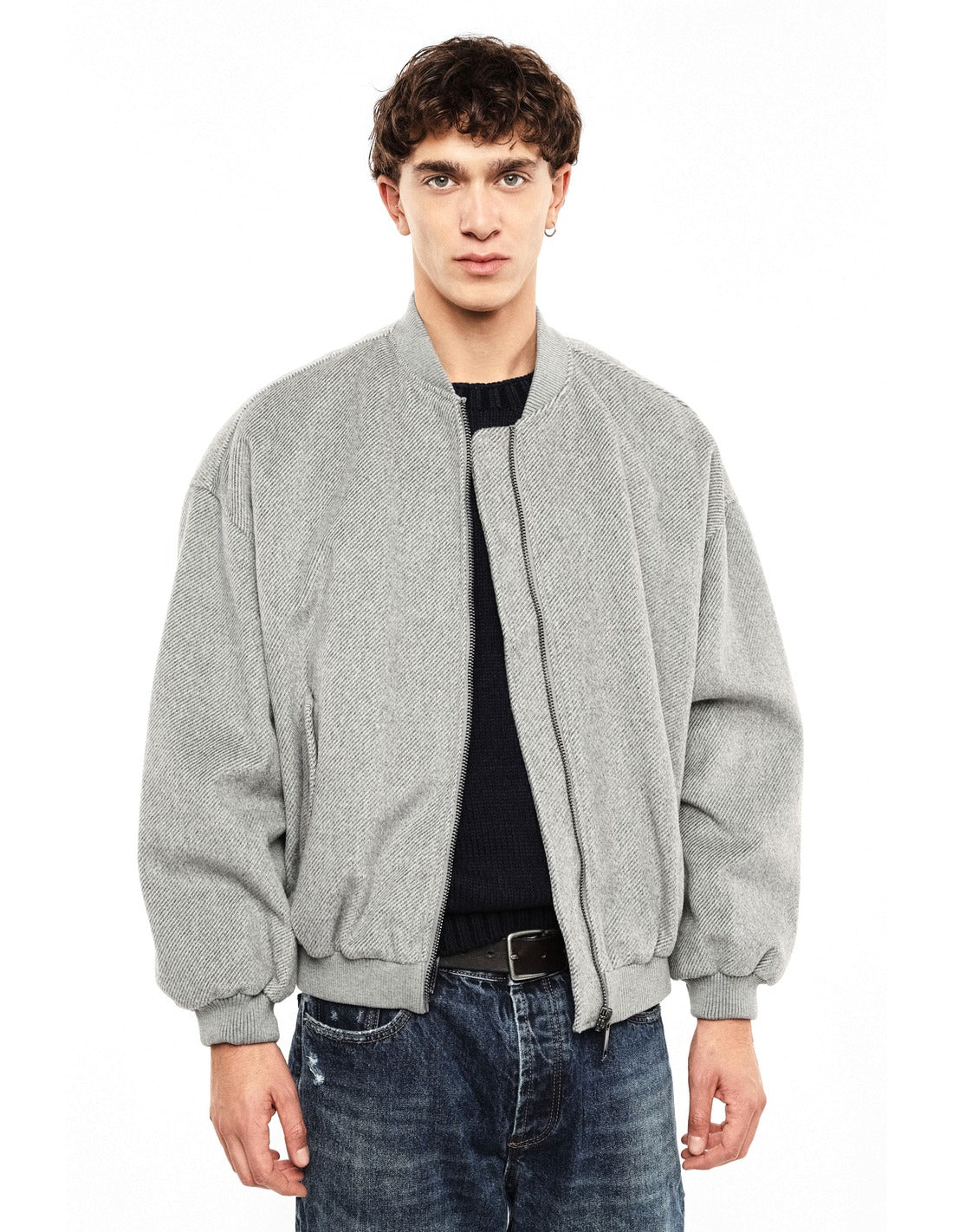 Blouson zippé à bords côtes porté, face – Gris Moyen – Imperial Homme