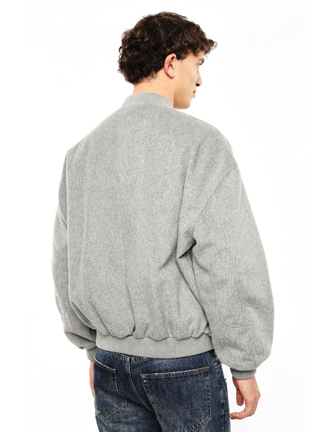 Blouson zippé à bords côtes porté, dos – Gris Moyen – Imperial Homme