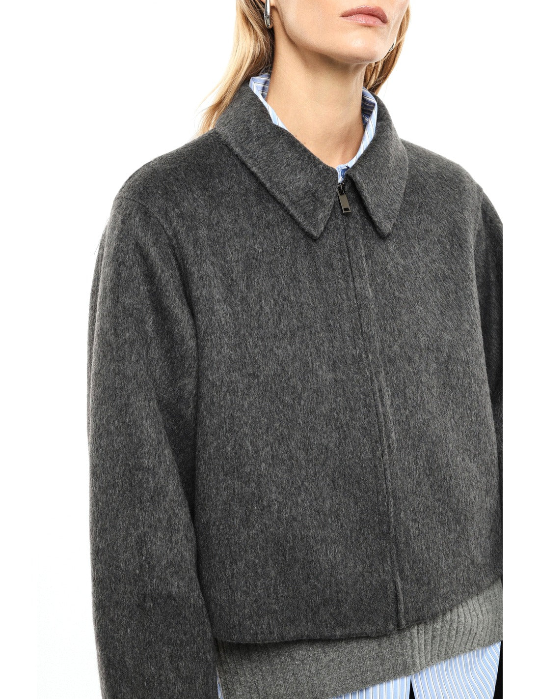 Blouson court zippé à col pointe en drap porté, buste – Gris Anthracite – Imperial Femme