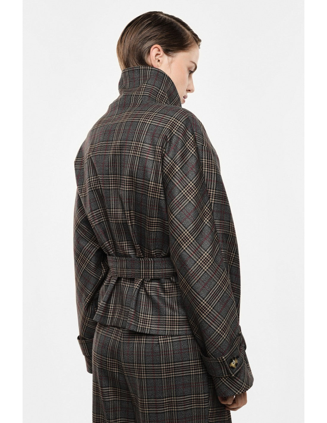 Veste courte ceinturée prince de galles col montant – Imperial Femme