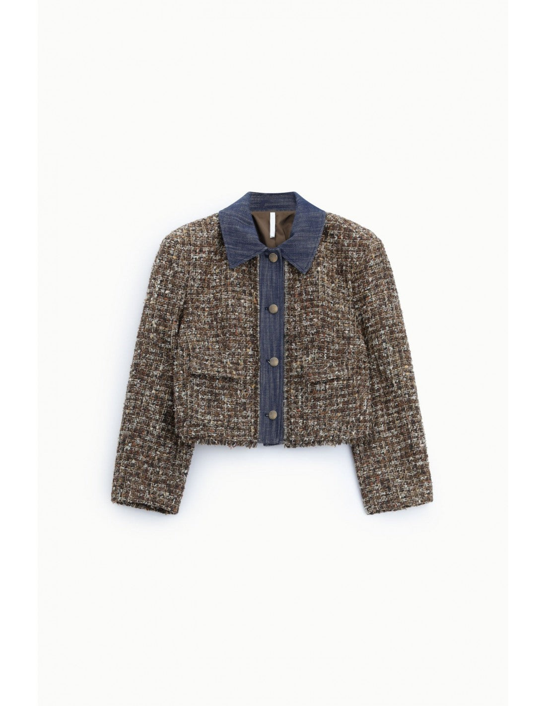 Veste courte en tweed et denim chocolat – Imperial Femme