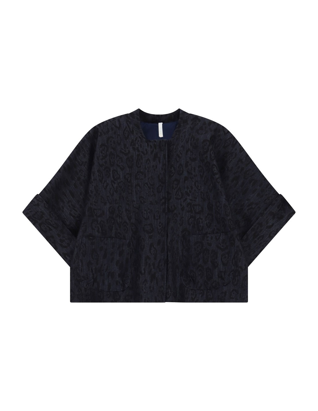 Veste courte boxy col rond en denim jacquard à plat – bleu denim – Imperial Femme